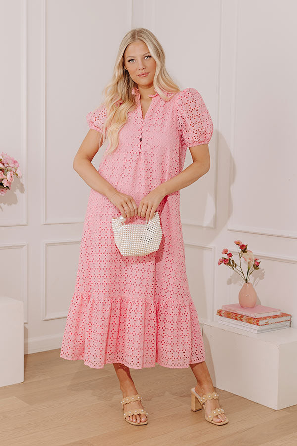 Pink Grace Eyelet Midi Dress in Yellow