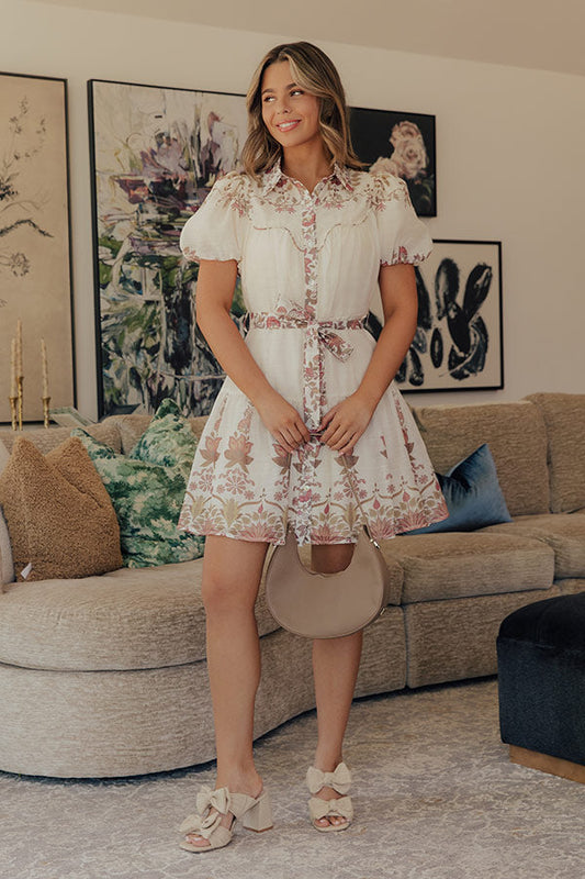 cream Petal Kiss Floral Button Down Mini Dress - L / cream
