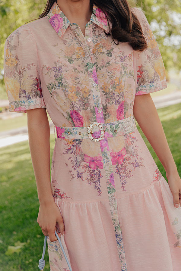 Pink Whispering Petals Button Down Midi Dress in Ivory - L / ivory