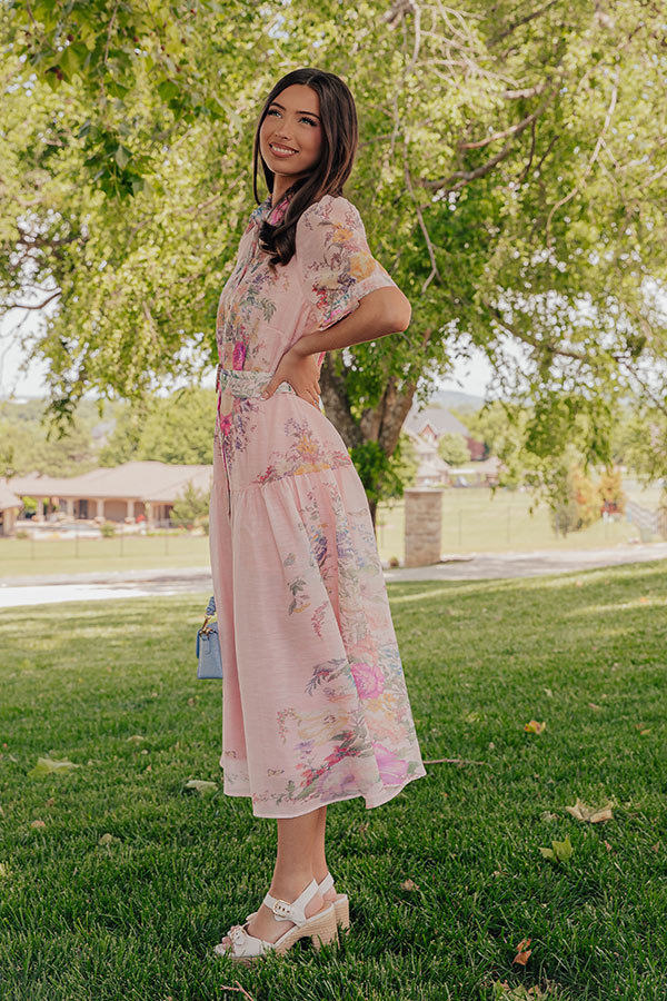 Pink Whispering Petals Button Down Midi Dress in Ivory - L / ivory