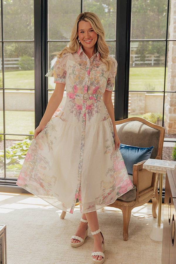 Ivory Whispering Petals Button Down Midi Dress in Ivory - L / ivory