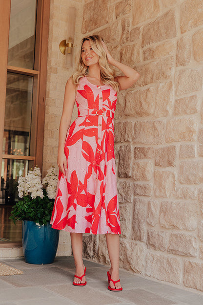 pink Flora Eyelet Midi Dress
