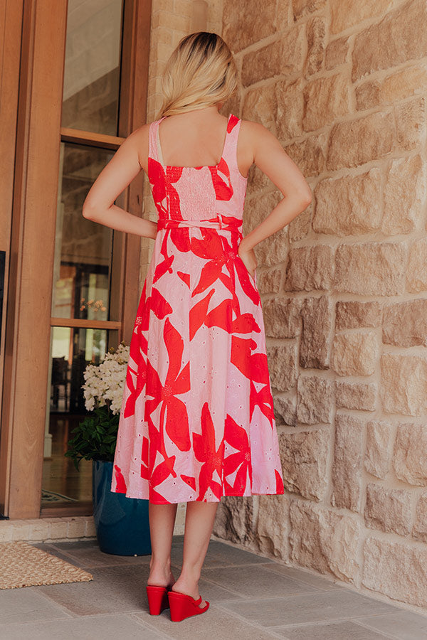 pink Flora Eyelet Midi Dress