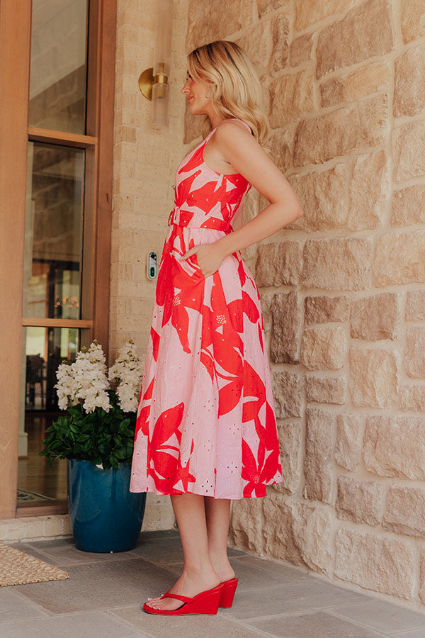 pink Flora Eyelet Midi Dress