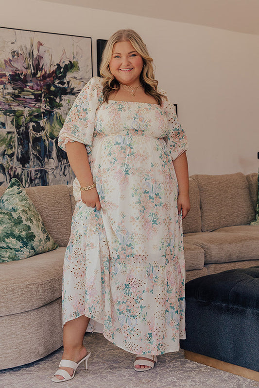 Romance Floral Smocked Eyelet Midi Dress Curves Margot Smocked Eyelet Midi Dress