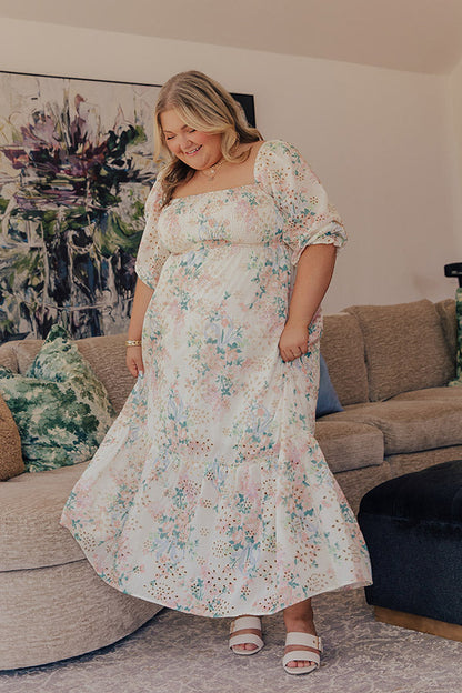 Romance Floral Smocked Eyelet Midi Dress Curves Margot Smocked Eyelet Midi Dress