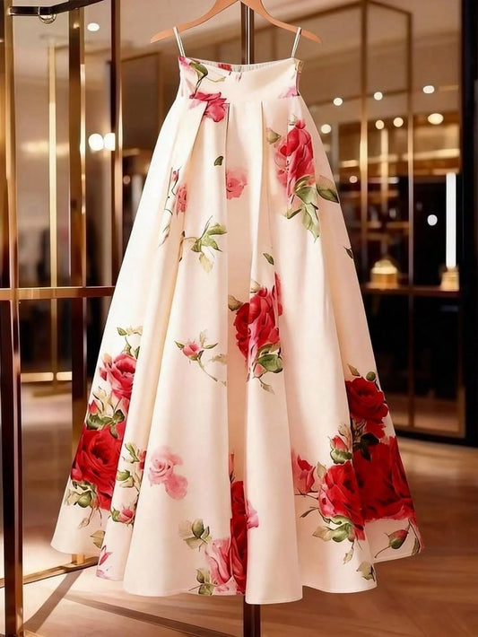 Multicolor Elegant Women's Rose Print Maxi Skirt | Color: Tan | Size: Various