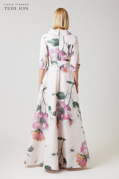 Cream Multi Isabelle Taffeta Shirt Gown in Blush Multi