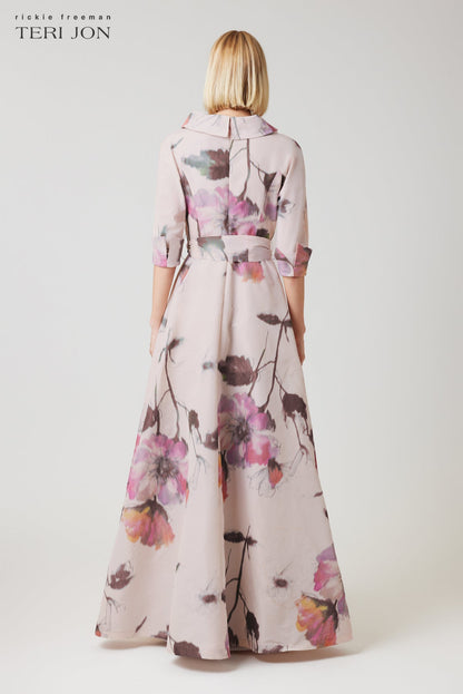 Cream Multi Isabelle Taffeta Shirt Gown in Blush Multi