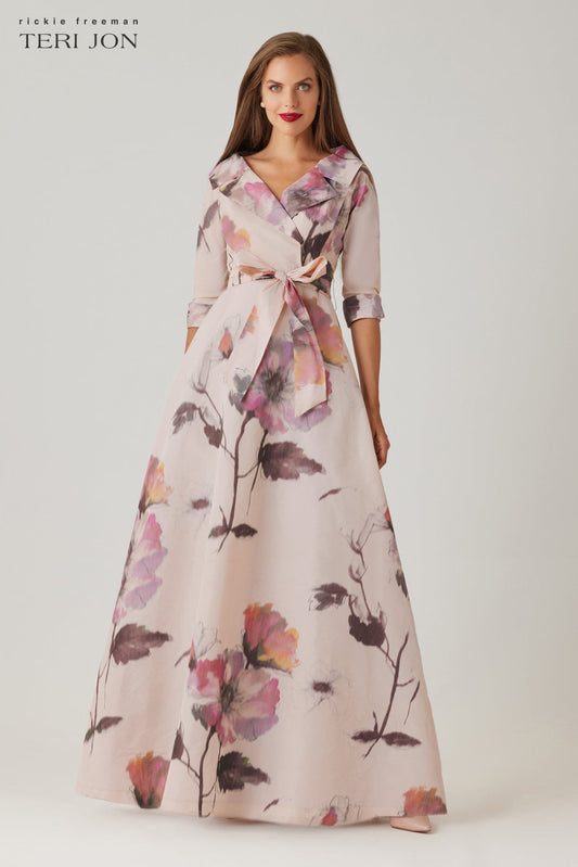 Cream Multi Isabelle Taffeta Shirt Gown in Blush Multi