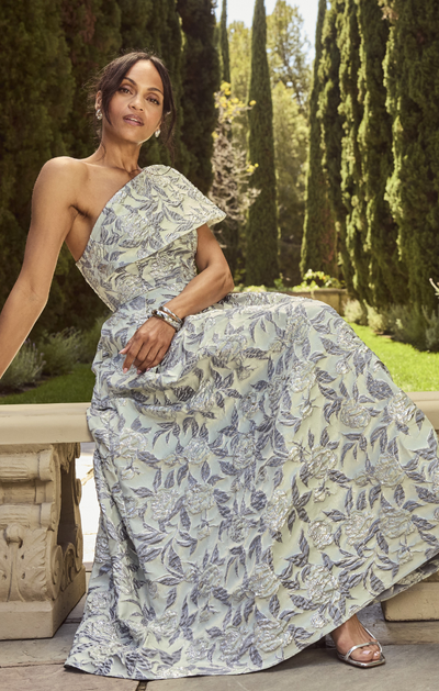 Length Jacquard Dress with Asymmetrical Neckline and Bow Detail Alex Evenings 8281255 Alexandra Jacquard Floor-Length Dress