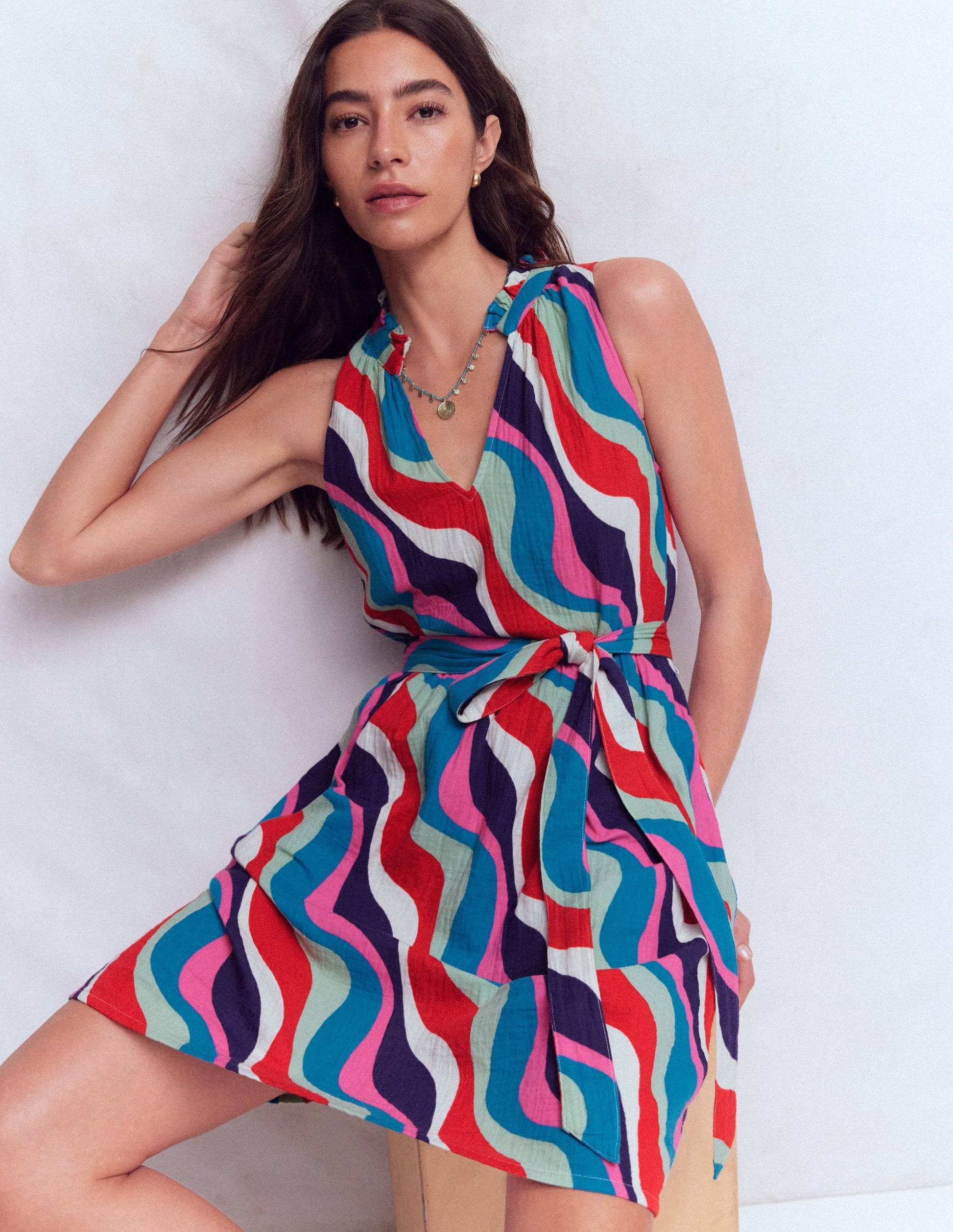 Multi, Rythmic Wave Vivienne Double Cloth Short Dress in Deep Wisteria