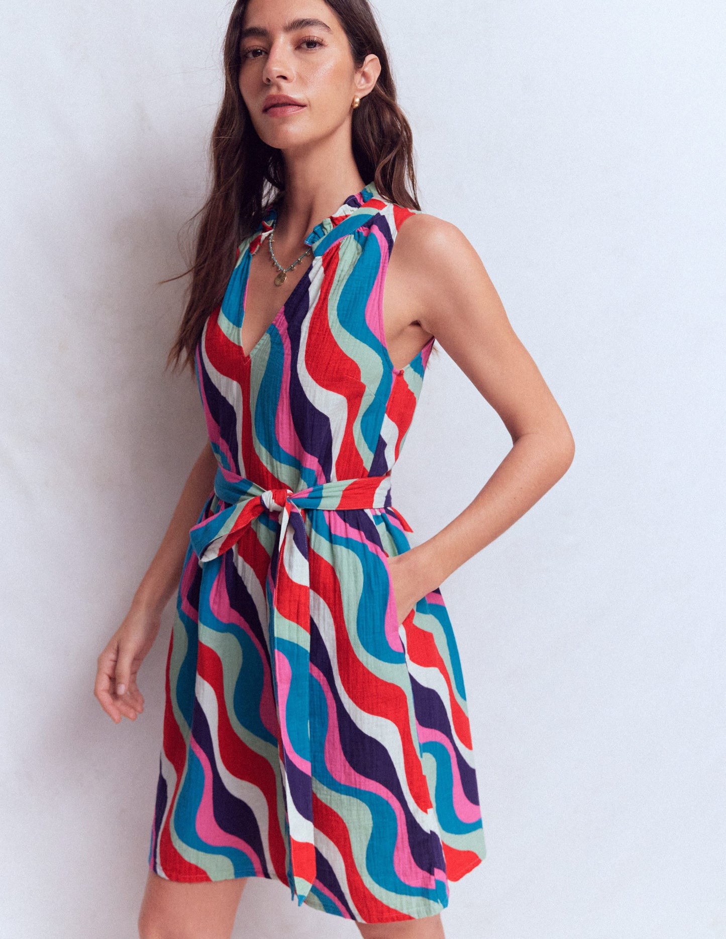 Multi, Rythmic Wave Vivienne Double Cloth Short Dress in Deep Wisteria