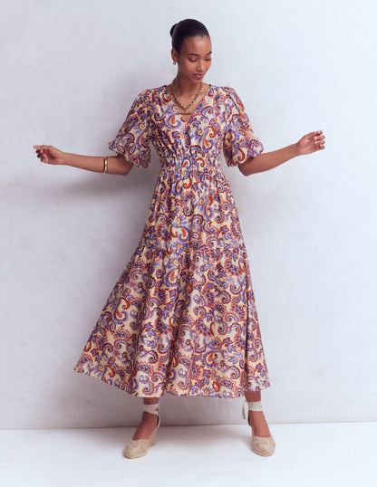 Almond Milk, Paisley Frenzy Irene Silk Charmeuse Occasion Dress