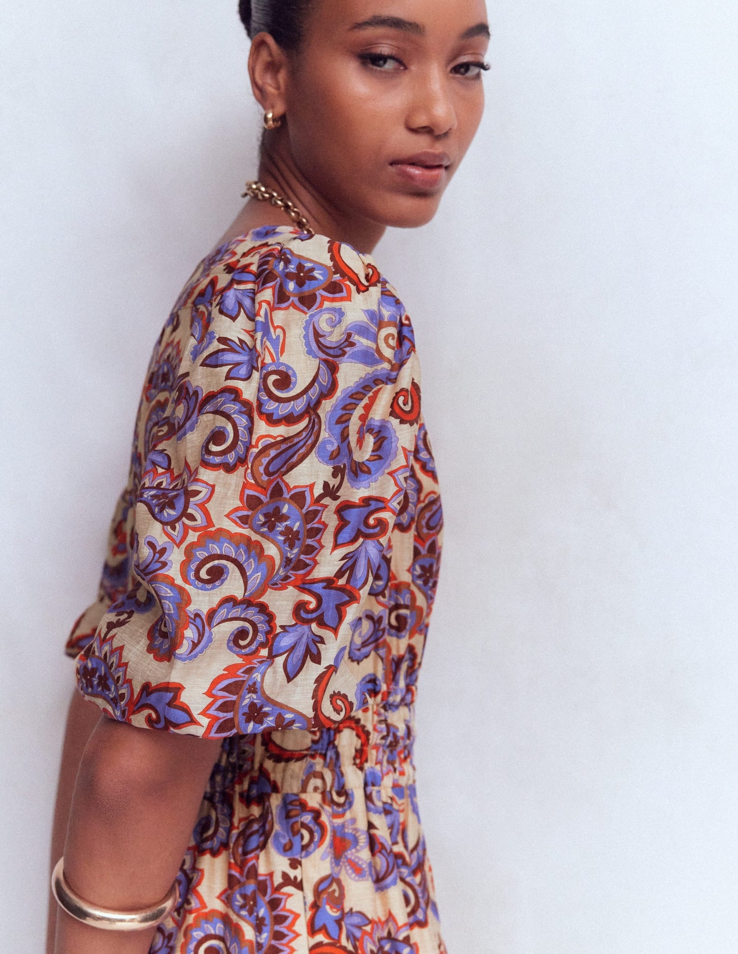Almond Milk, Paisley Frenzy Irene Silk Charmeuse Occasion Dress