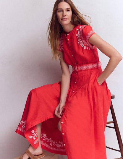 Red Embroidery Arabella Linen Blend Dress