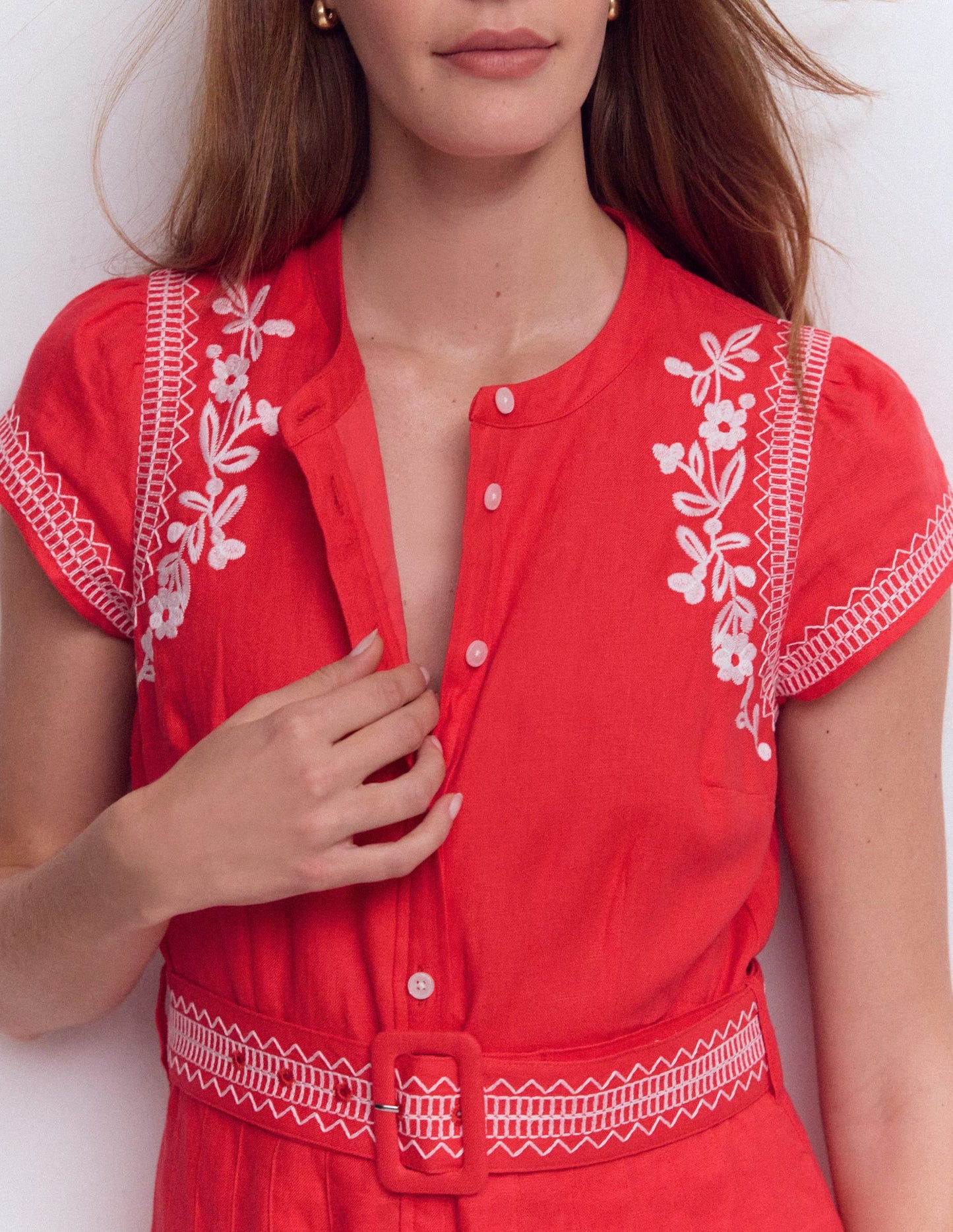 Red Embroidery Arabella Linen Blend Dress