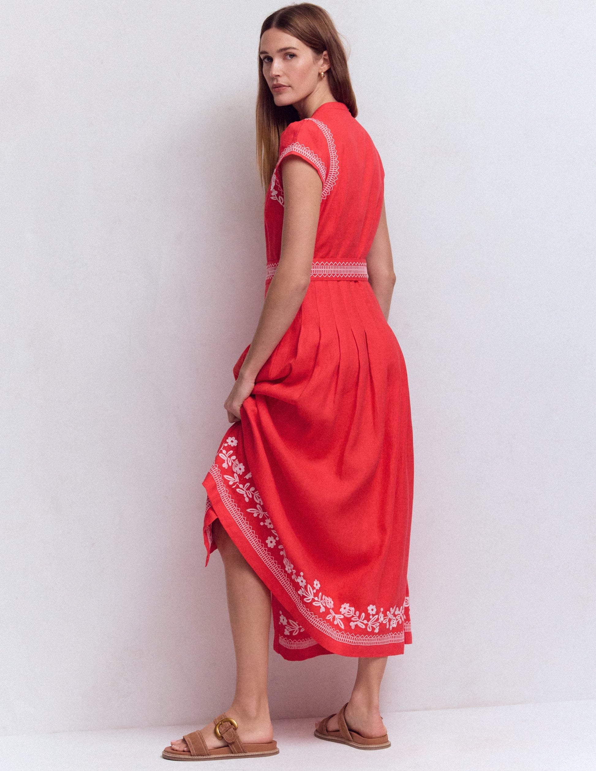 Red Embroidery Arabella Linen Blend Dress