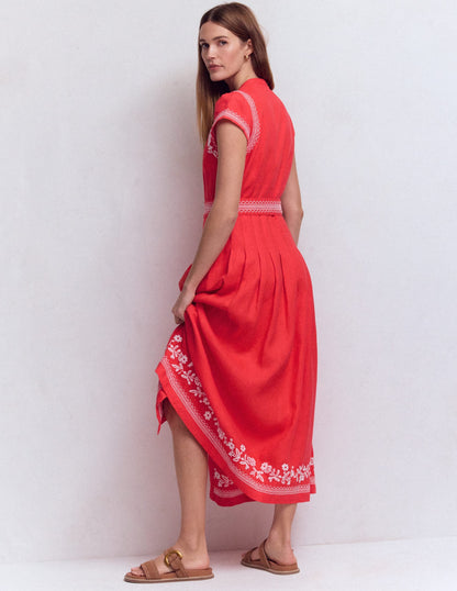 Red Embroidery Arabella Linen Blend Dress