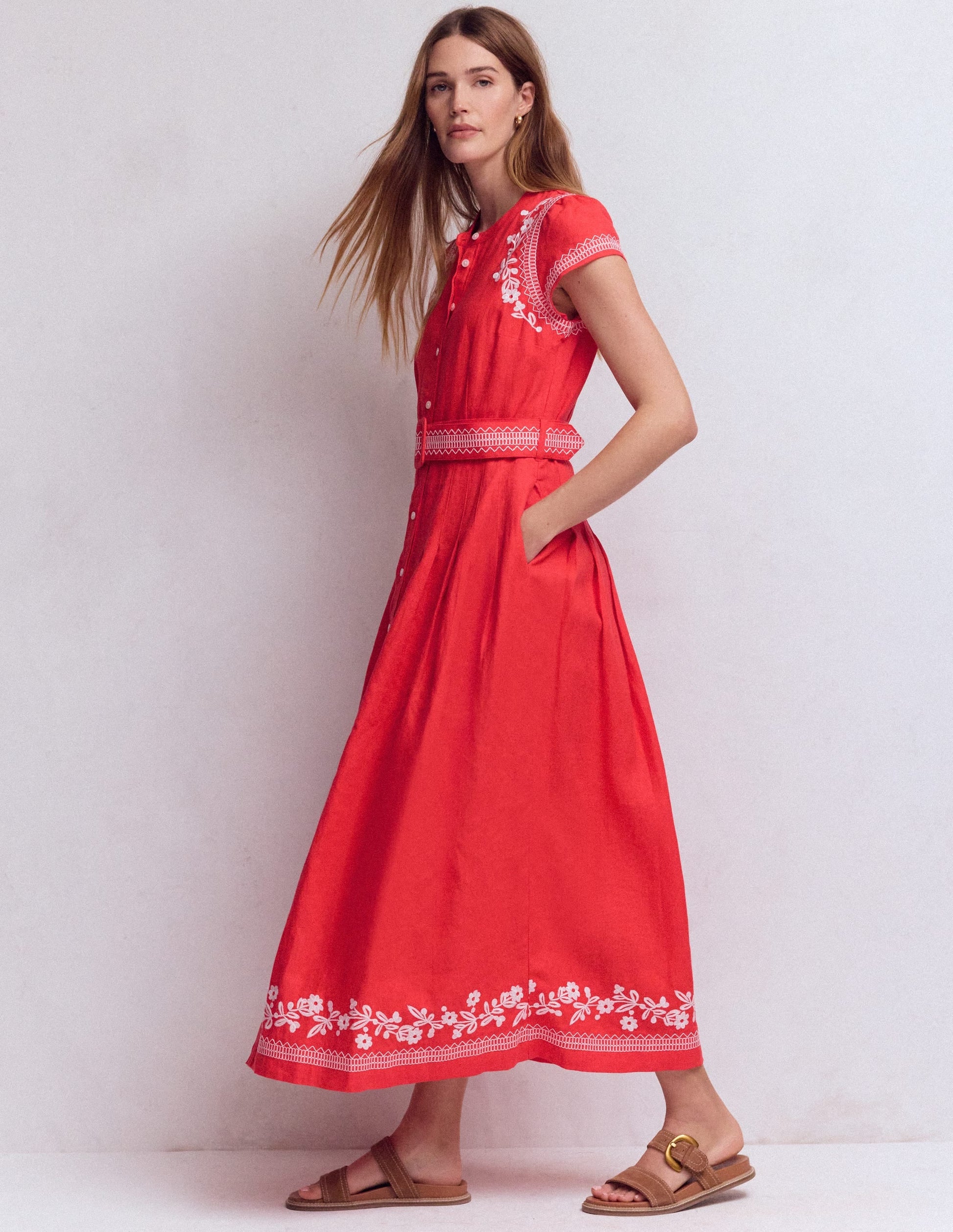 Red Embroidery Arabella Linen Blend Dress