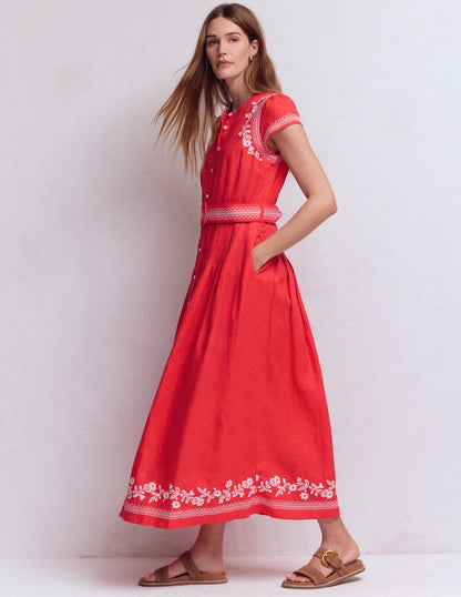 Red Embroidery Arabella Linen Blend Dress