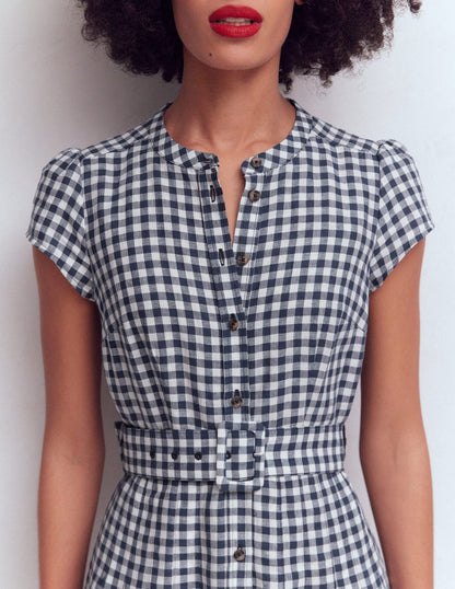 Navy Gingham Arabella Linen Blend Dress