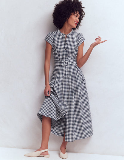 Navy Gingham Arabella Linen Blend Dress