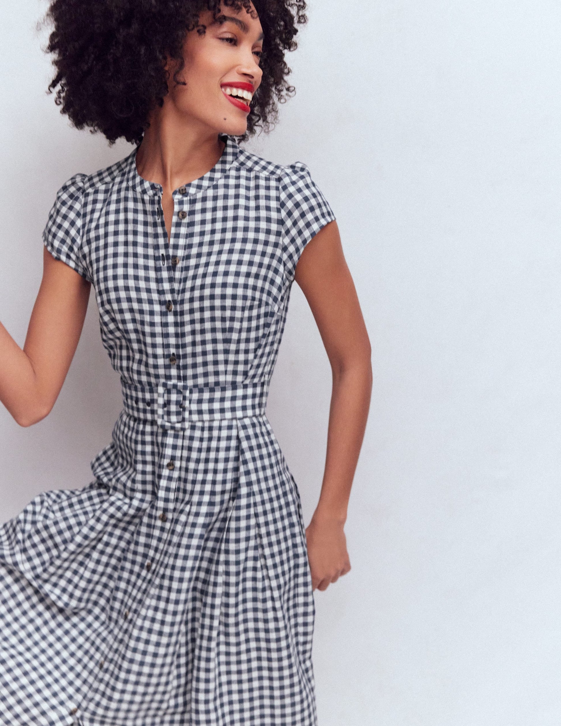 Navy Gingham Arabella Linen Blend Dress