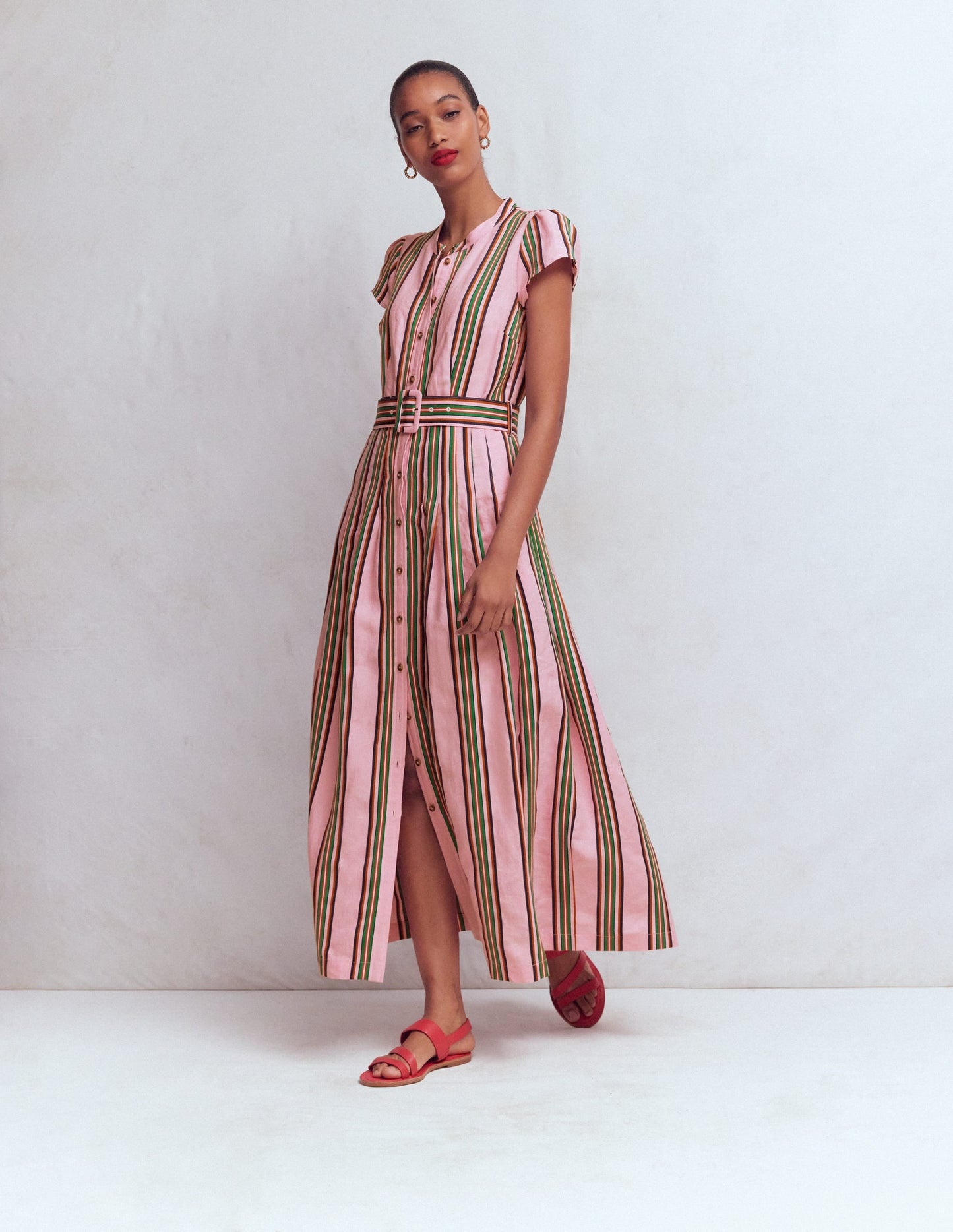 Pink, Rich Emerald Stripe Arabella Linen Blend Dress