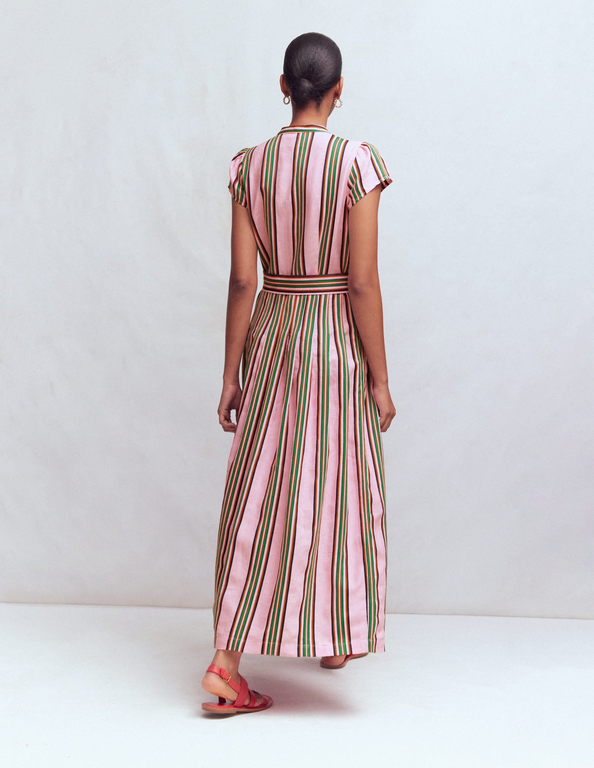 Pink, Rich Emerald Stripe Arabella Linen Blend Dress