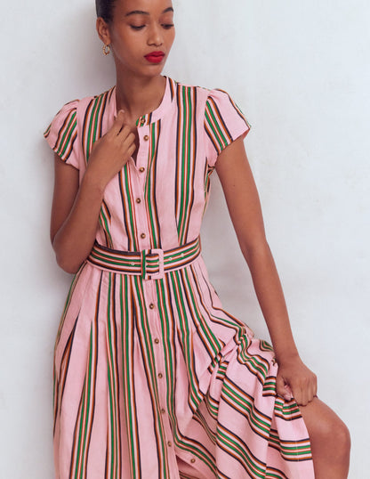 Pink, Rich Emerald Stripe Arabella Linen Blend Dress