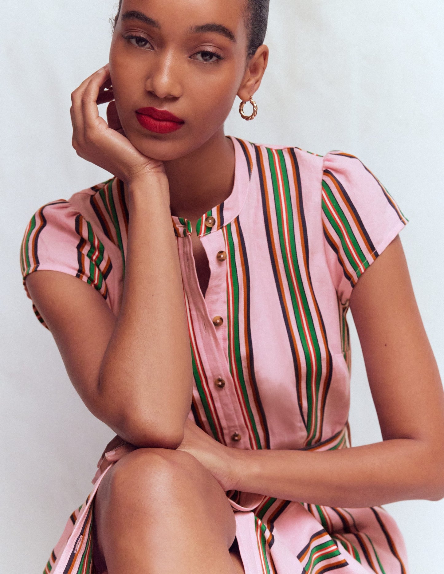Pink, Rich Emerald Stripe Arabella Linen Blend Dress