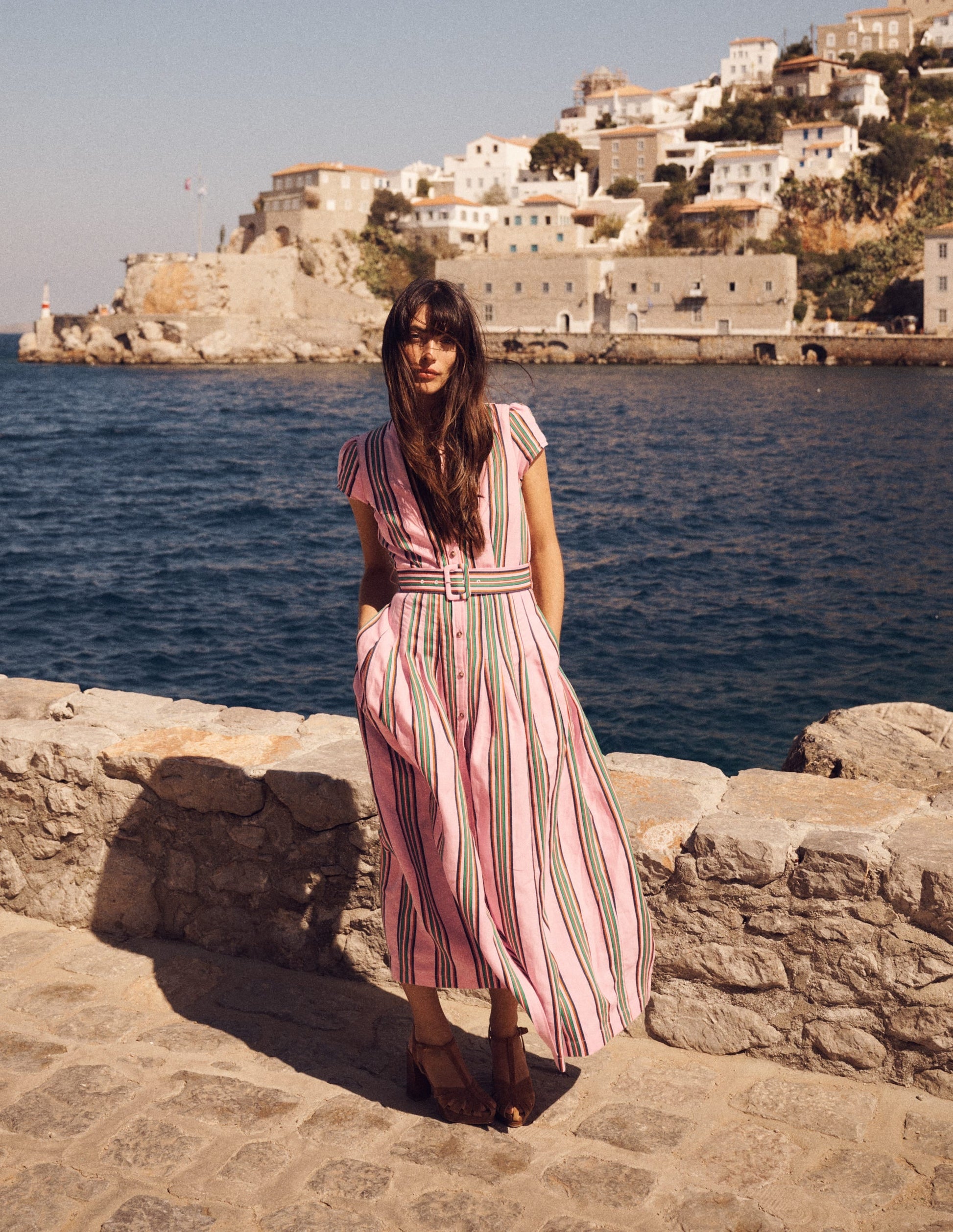 Pink, Rich Emerald Stripe Arabella Linen Blend Dress