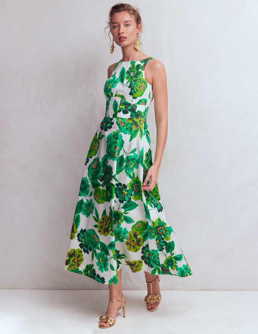 Green Opulent Blossom Silvia Boned Bodice Maxi Dress in Green Opulent Blossom