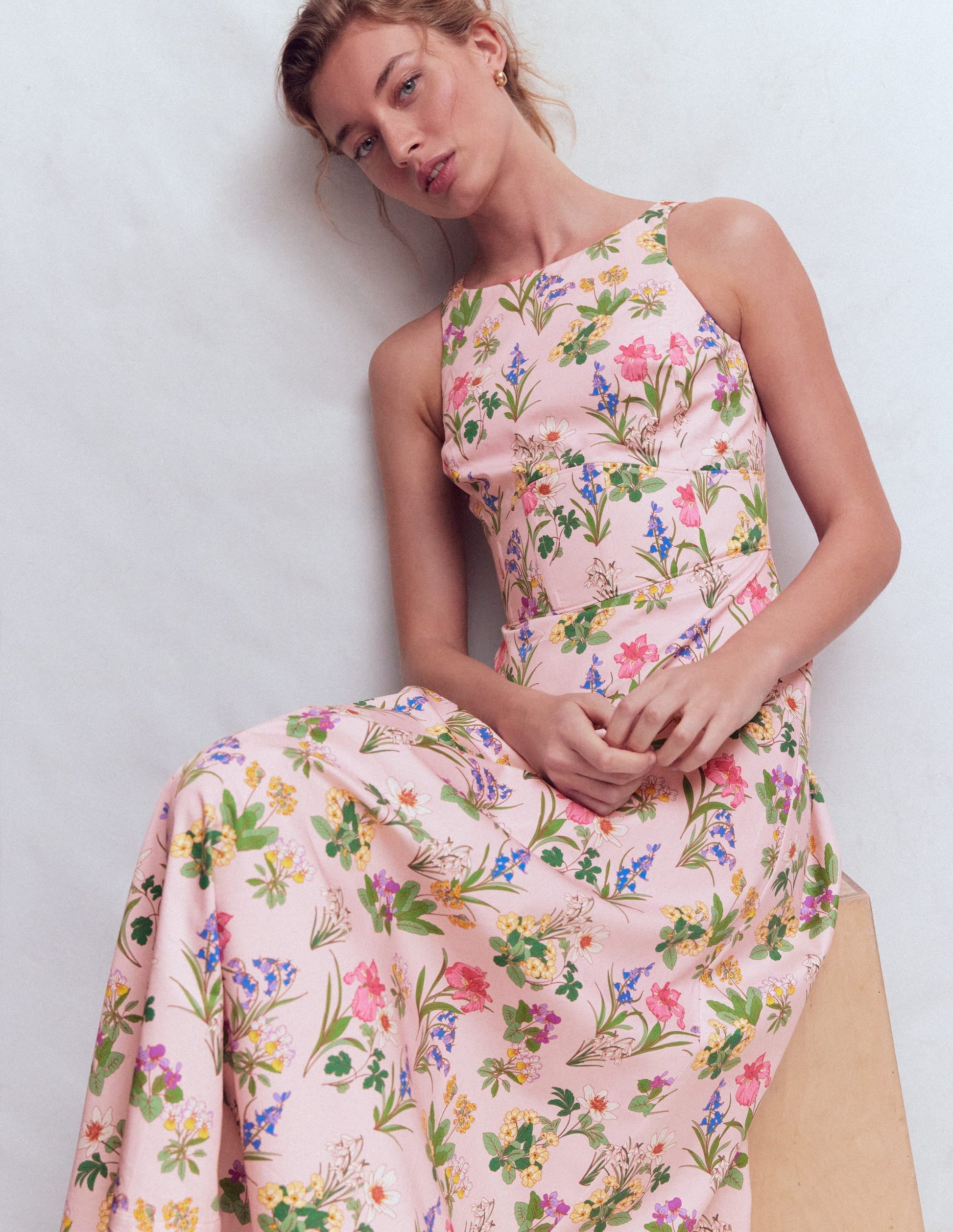 French Pink, Delicate Blossom Silvia Boned Bodice Maxi Dress in Green Opulent Blossom