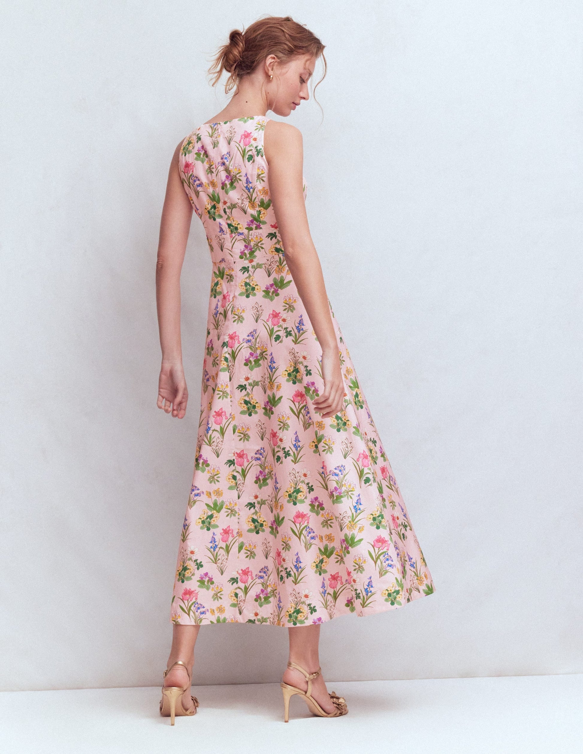 French Pink, Delicate Blossom Silvia Boned Bodice Maxi Dress in Green Opulent Blossom