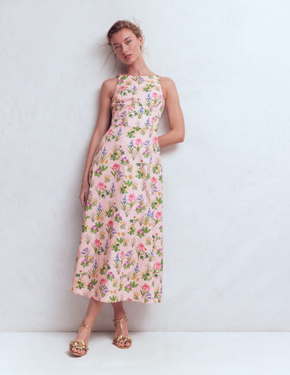 French Pink, Delicate Blossom Silvia Boned Bodice Maxi Dress in Green Opulent Blossom