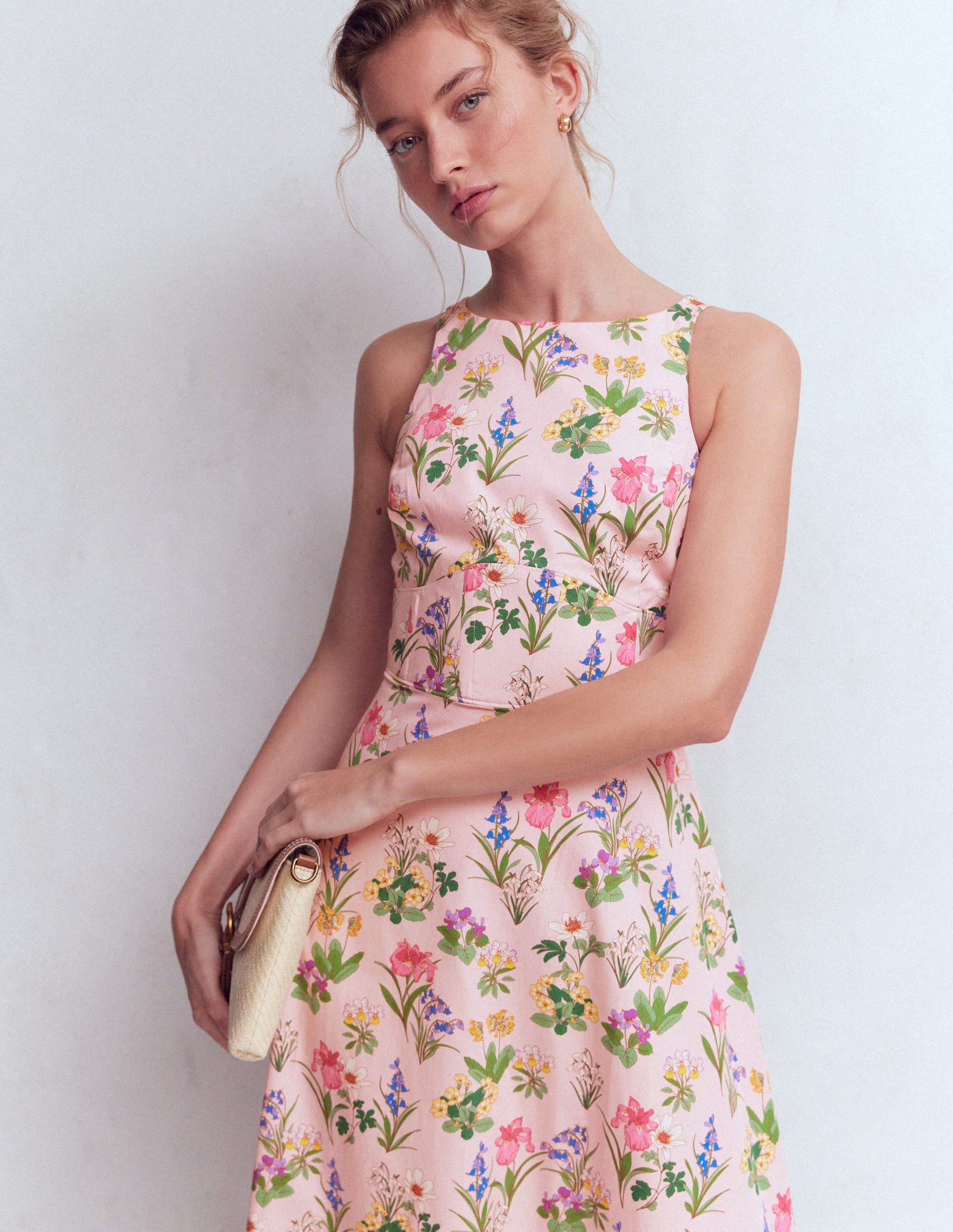 French Pink, Delicate Blossom Silvia Boned Bodice Maxi Dress in Green Opulent Blossom