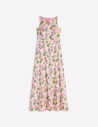 French Pink, Delicate Blossom Silvia Boned Bodice Maxi Dress in Green Opulent Blossom