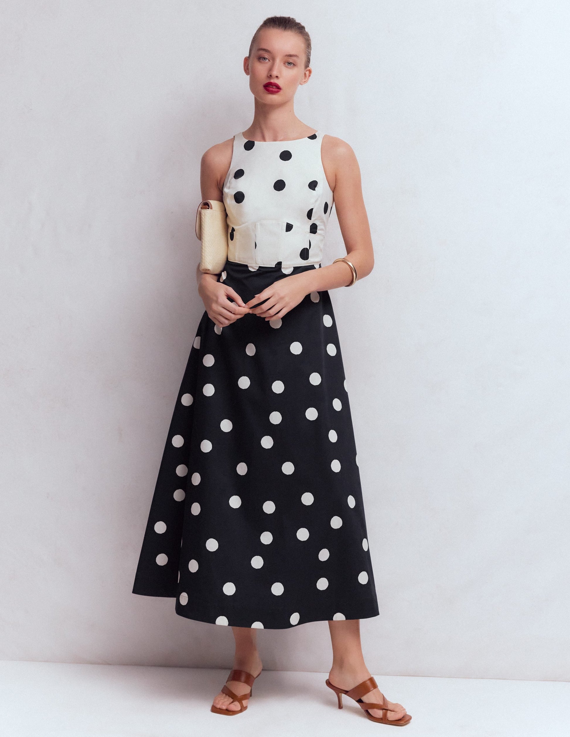 French Navy Painted Spaced Dot Silvia Boned Bodice Maxi Dress in Green Opulent Blossom
