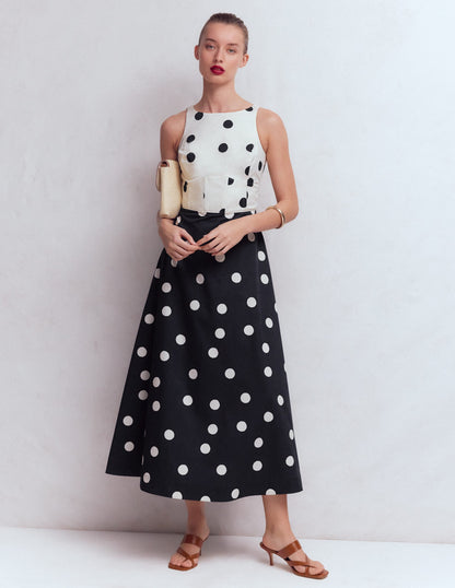 French Navy Painted Spaced Dot Silvia Boned Bodice Maxi Dress in Green Opulent Blossom