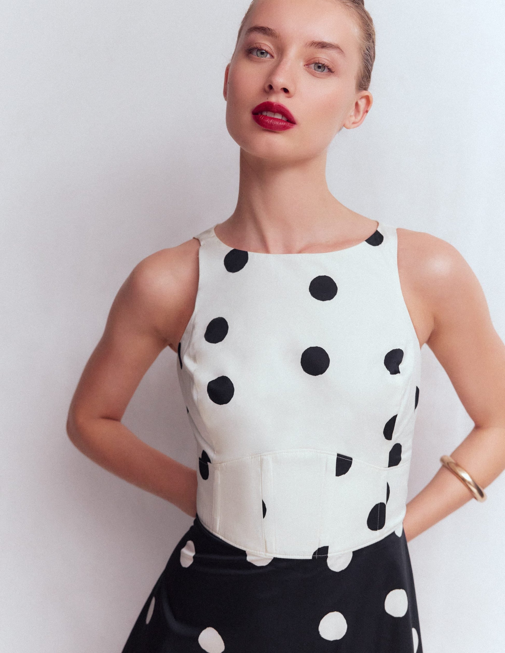 French Navy Painted Spaced Dot Silvia Boned Bodice Maxi Dress in Green Opulent Blossom