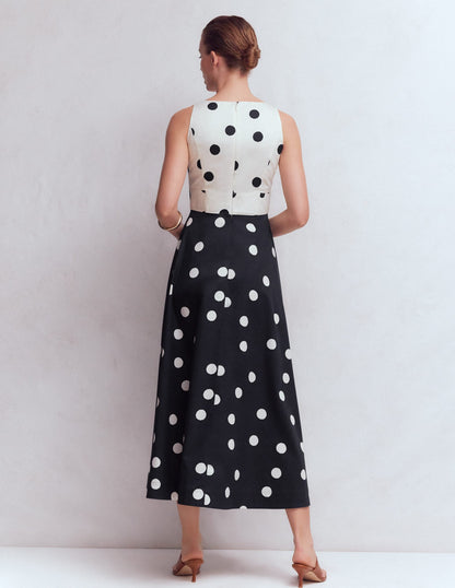 French Navy Painted Spaced Dot Silvia Boned Bodice Maxi Dress in Green Opulent Blossom