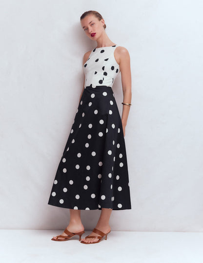 French Navy Painted Spaced Dot Silvia Boned Bodice Maxi Dress in Green Opulent Blossom
