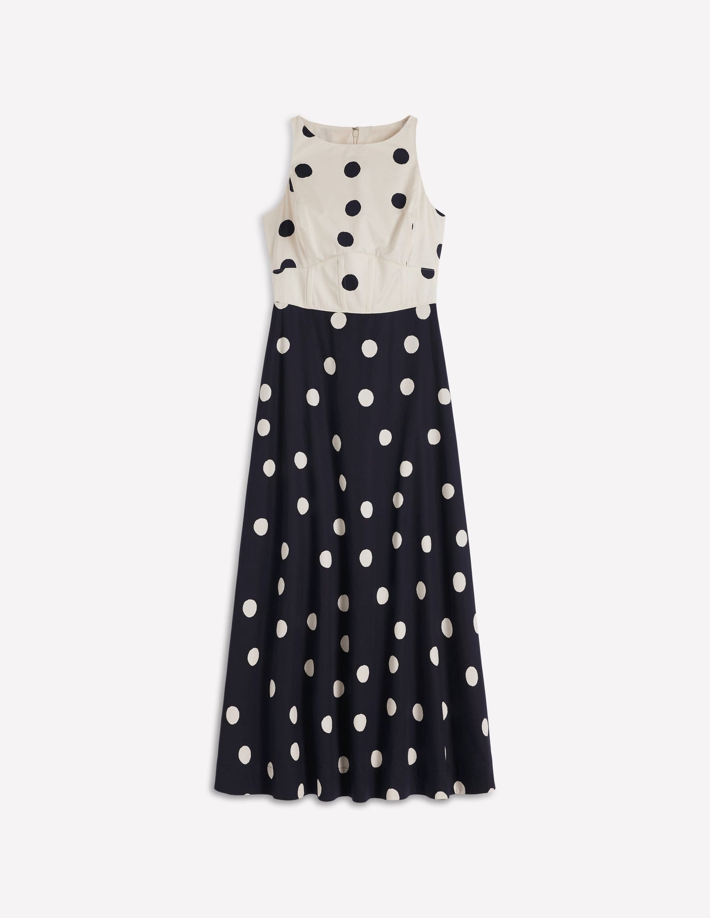 French Navy Painted Spaced Dot Silvia Boned Bodice Maxi Dress in Green Opulent Blossom