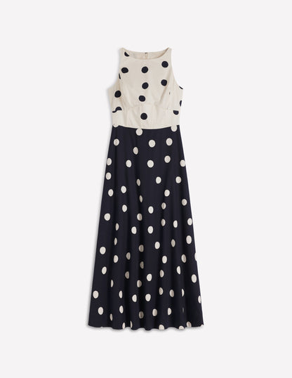French Navy Painted Spaced Dot Silvia Boned Bodice Maxi Dress in Green Opulent Blossom