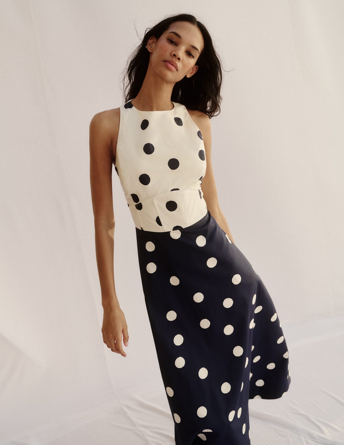 French Navy Painted Spaced Dot Silvia Boned Bodice Maxi Dress in Green Opulent Blossom
