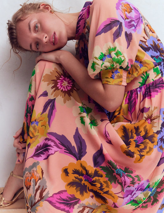 Multi Opulent Blossom Beatrice High Neck Blouson Dress in Opulent Blossom