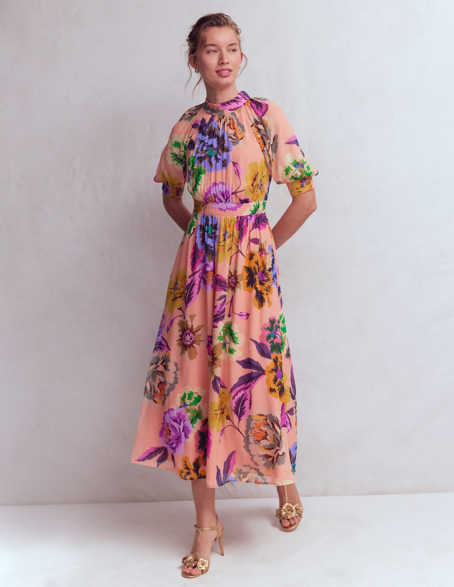 Multi Opulent Blossom Beatrice High Neck Blouson Dress in Opulent Blossom