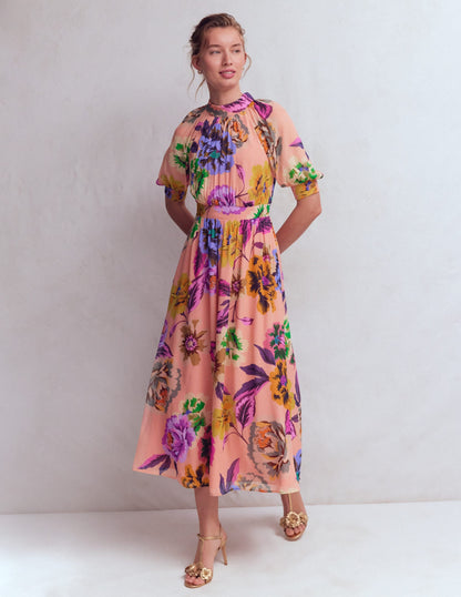 Multi Opulent Blossom Beatrice High Neck Blouson Dress in Opulent Blossom